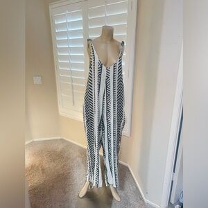 Etam Striped Lightweight Sleeves Cotton Jumpsuit Pocket Beach Boho Coverup Sz M‎